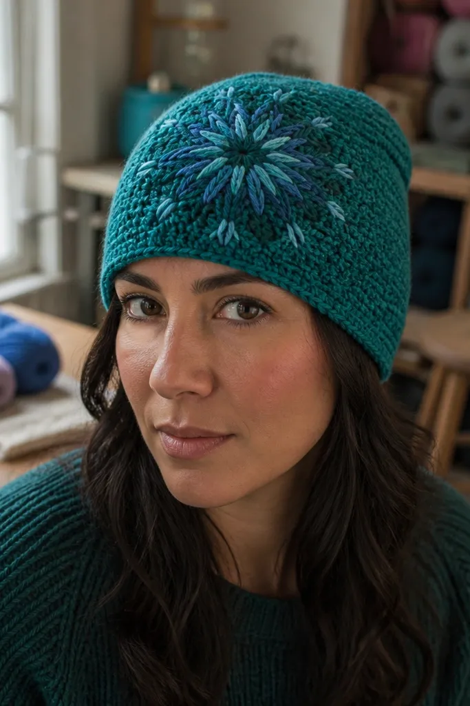 Teal beanie with starburst textured center pattern and smooth sides