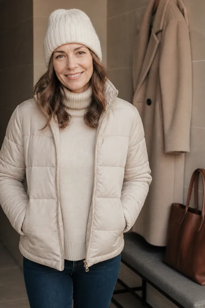 Cream beanie with faux cable ribbing and a thick folded brim