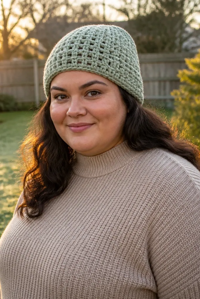 Sage beanie with waffle stitch texture and a neat ribbed bottom