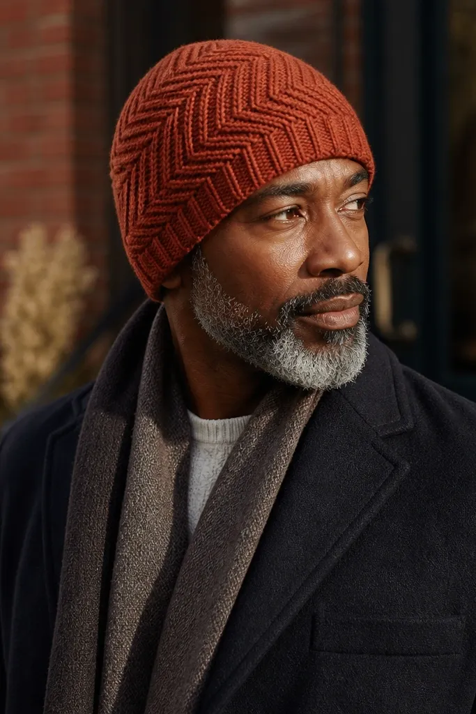 Terracotta beanie with a diagonal herringbone-like stitch pattern