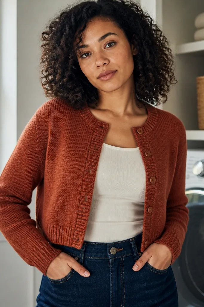 Cinnamon cropped cardigan over a cream top with dark high-waist jeans and tan boots