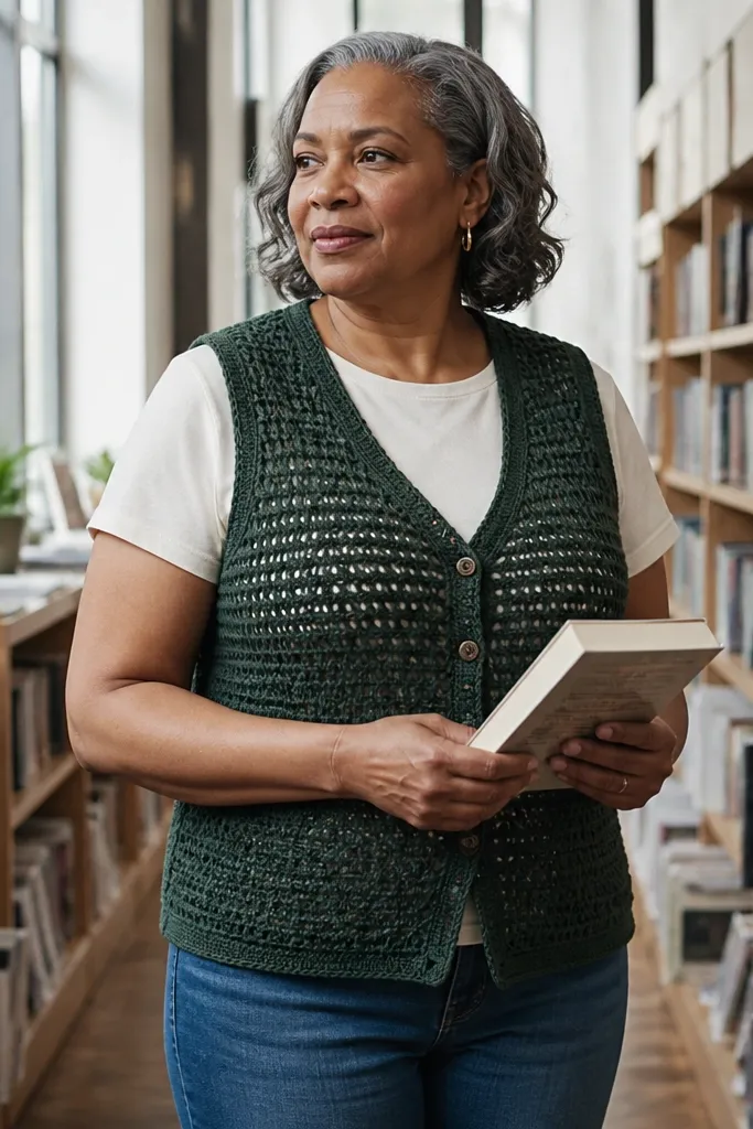 Forest green buttoned crochet vest over a white tee with light jeans