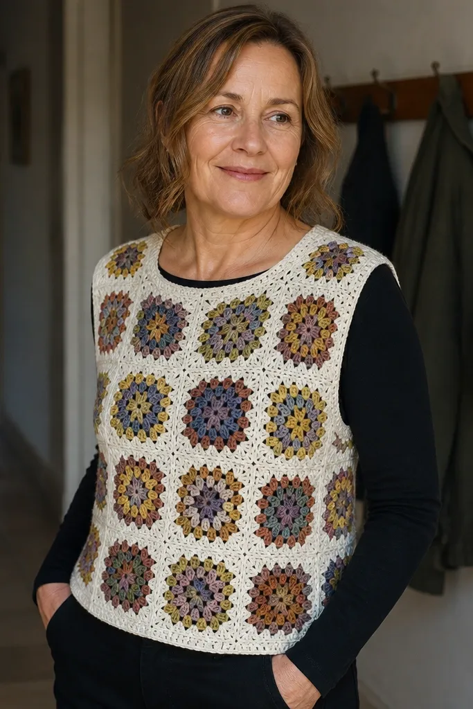 Cream granny square crochet vest with tidy armholes over a dark top
