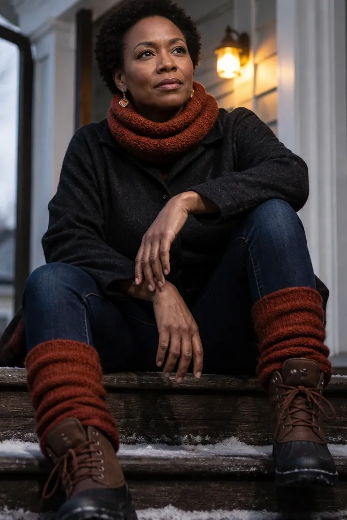 Rust crochet cowl and matching leg warmers worn with boots and jeans