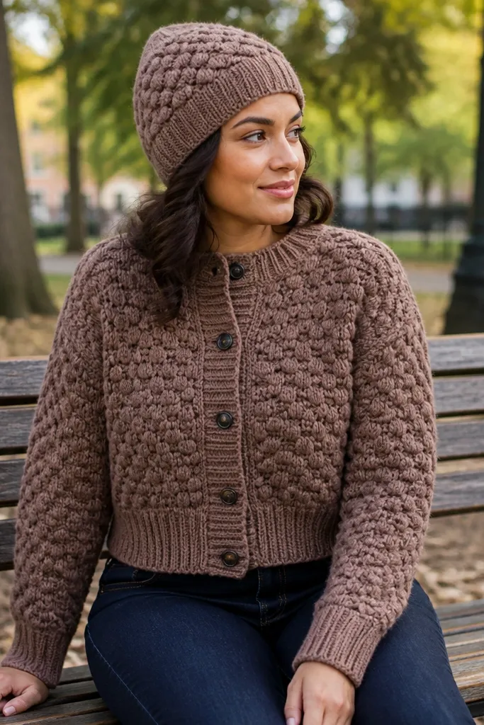 Mocha crochet beanie and cropped cardigan in matching yarn with jeans