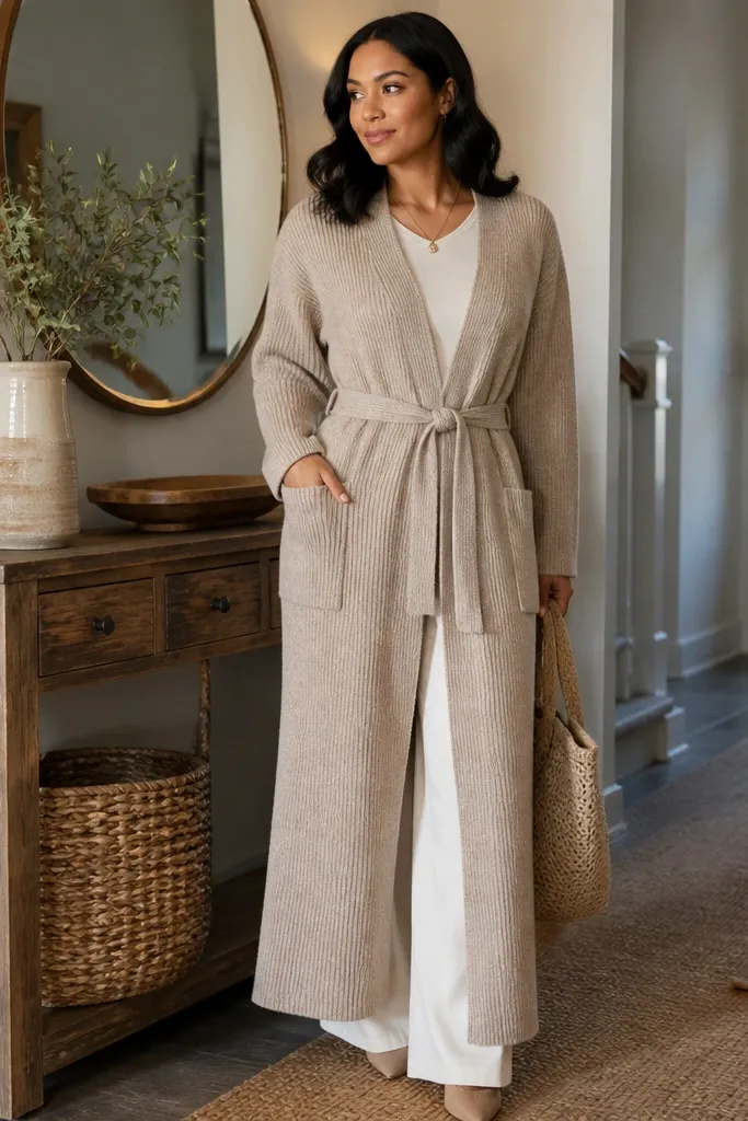 Sand beige long crochet duster with a waist tie and minimal front opening