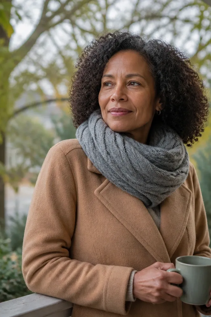 Gray crochet infinity scarf with a cable-look texture wrapped around a neck