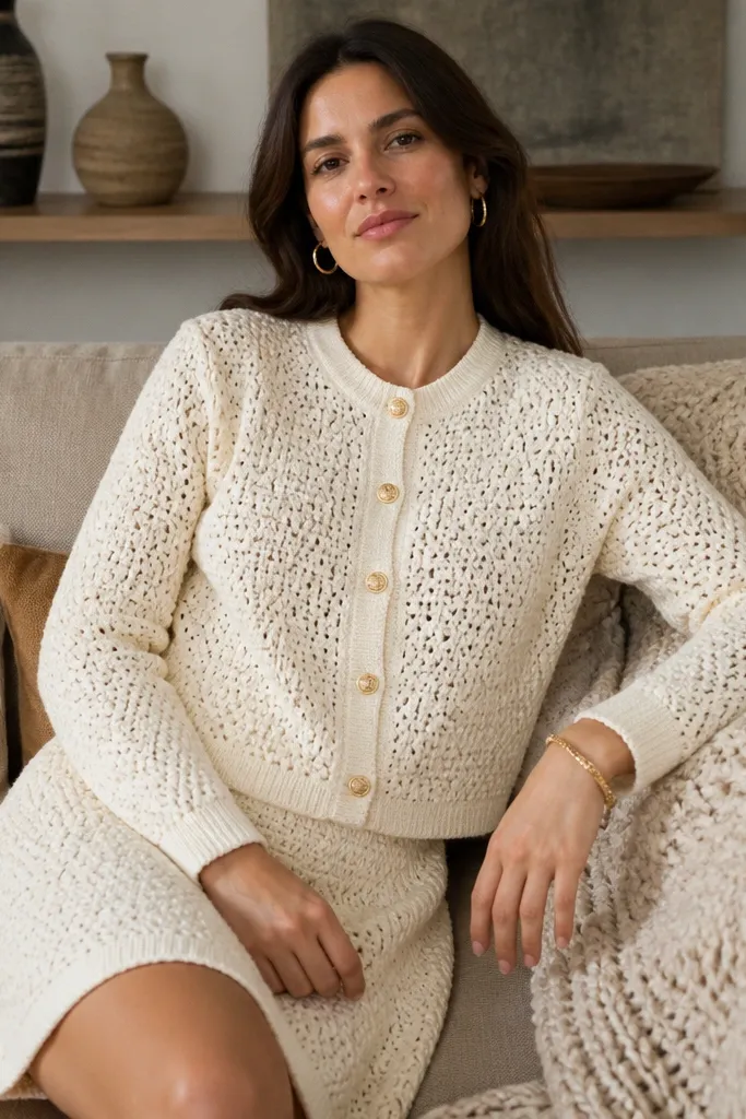 Cream buttoned crochet cardigan paired with a matching skirt and belt