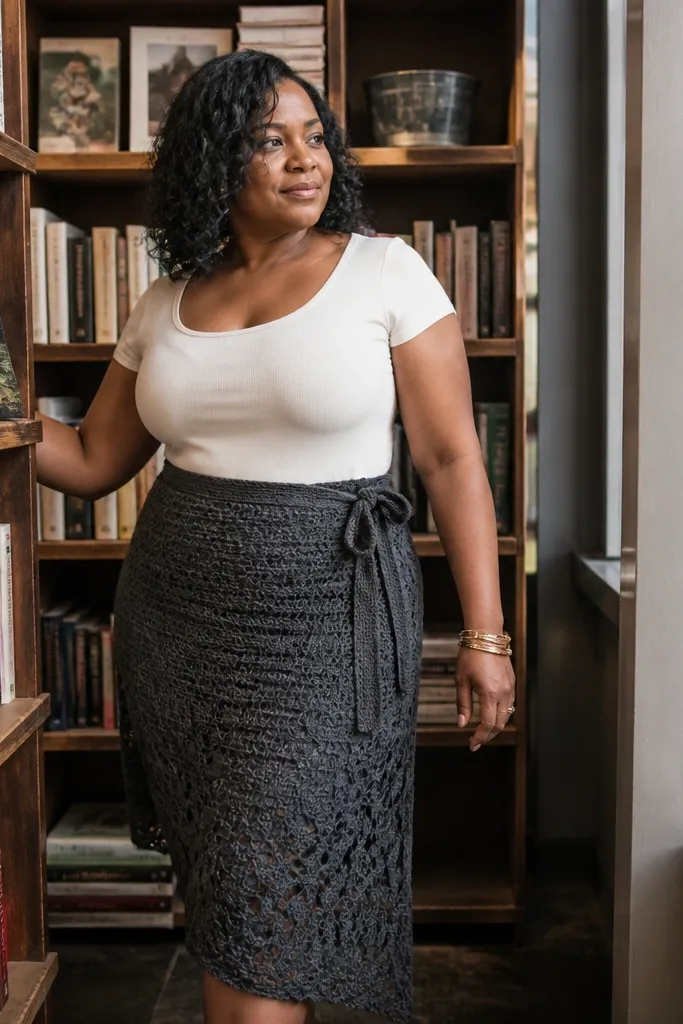 Charcoal crochet wrap skirt with a side tie and fitted waist