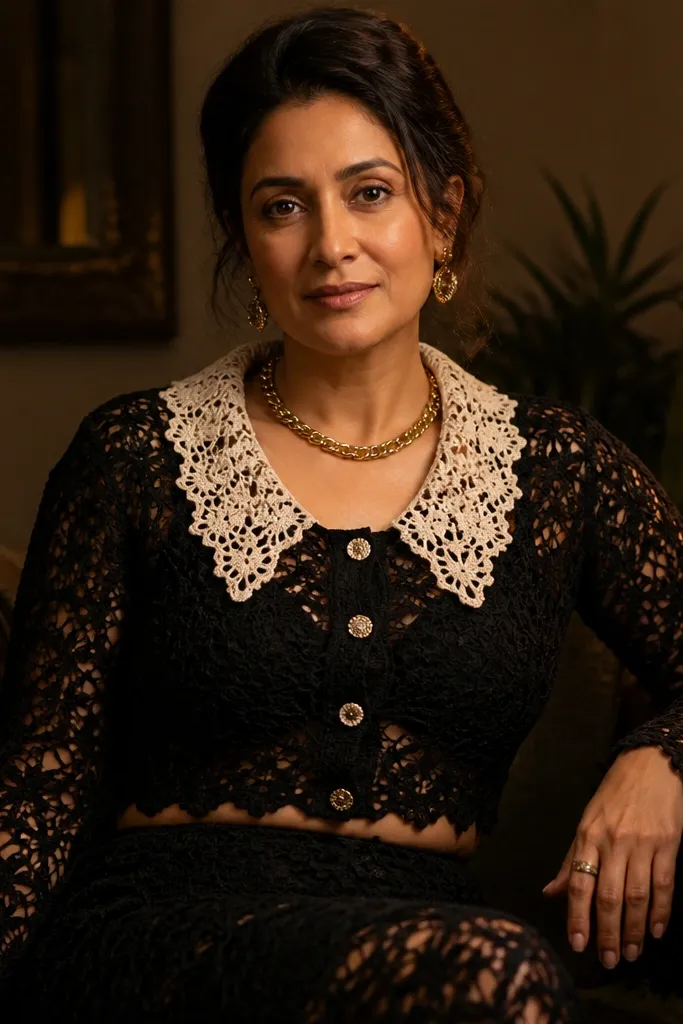 Black crochet top with a lace collar and a matching skirt