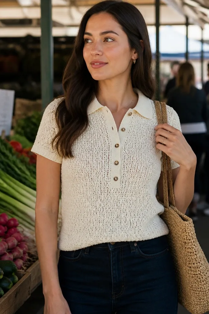 Ivory crochet polo shirt with a collar and contrast buttons