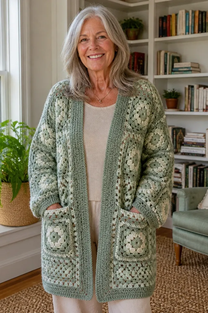 Sage oversized granny square cardigan with long sleeves and open front