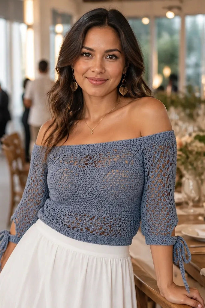 Denim-blue off-shoulder crochet top with tie sleeves