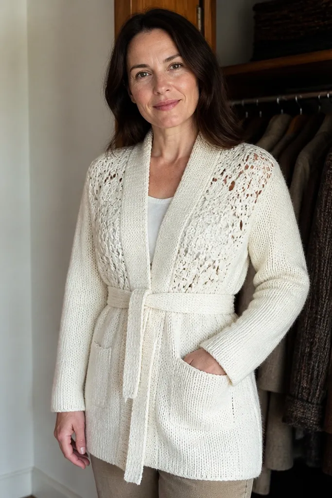 Ivory crochet cardigan with lace panels and a wide belt tied at the waist