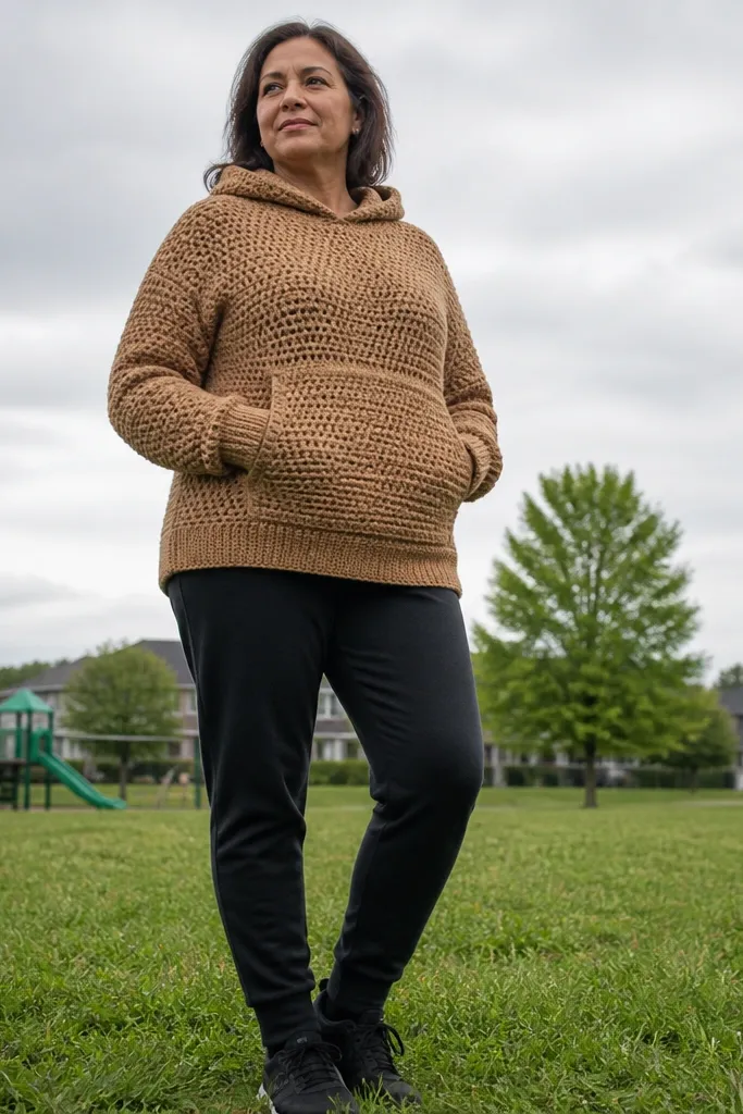Camel crochet hoodie with a kangaroo pocket and drawstring hood