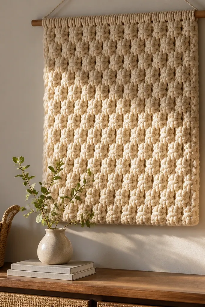 Warm oat crocheted wall hanging with raised puff stitches and a simple hanging loop