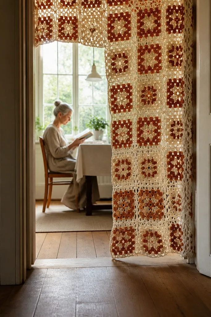 Cream and terracotta granny cluster crochet curtain panel with hanging loops