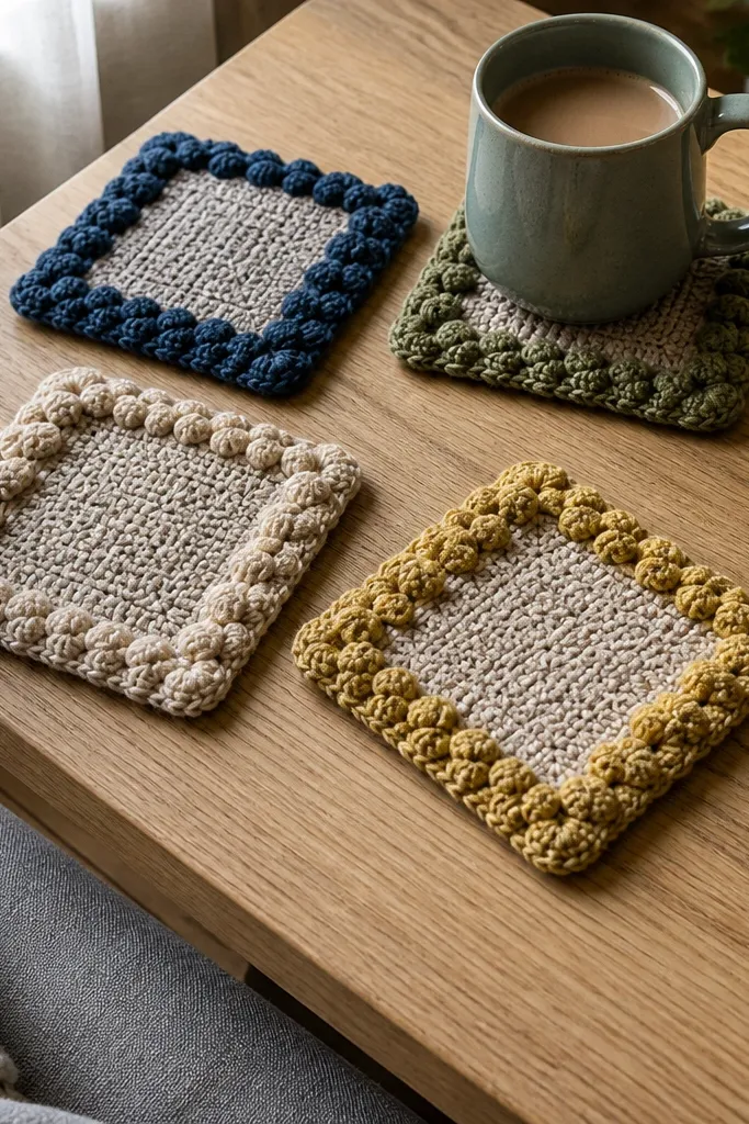 Set of square crochet coasters with a textured border and warm neutral centers