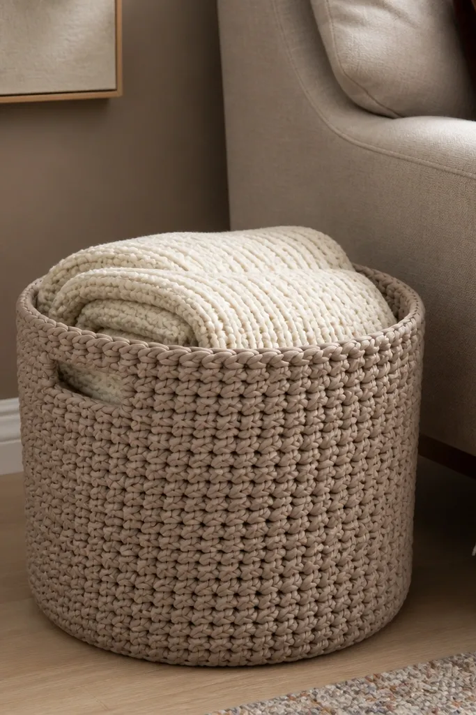 Chunky crochet basket with a woven-look stitch pattern and sturdy rim