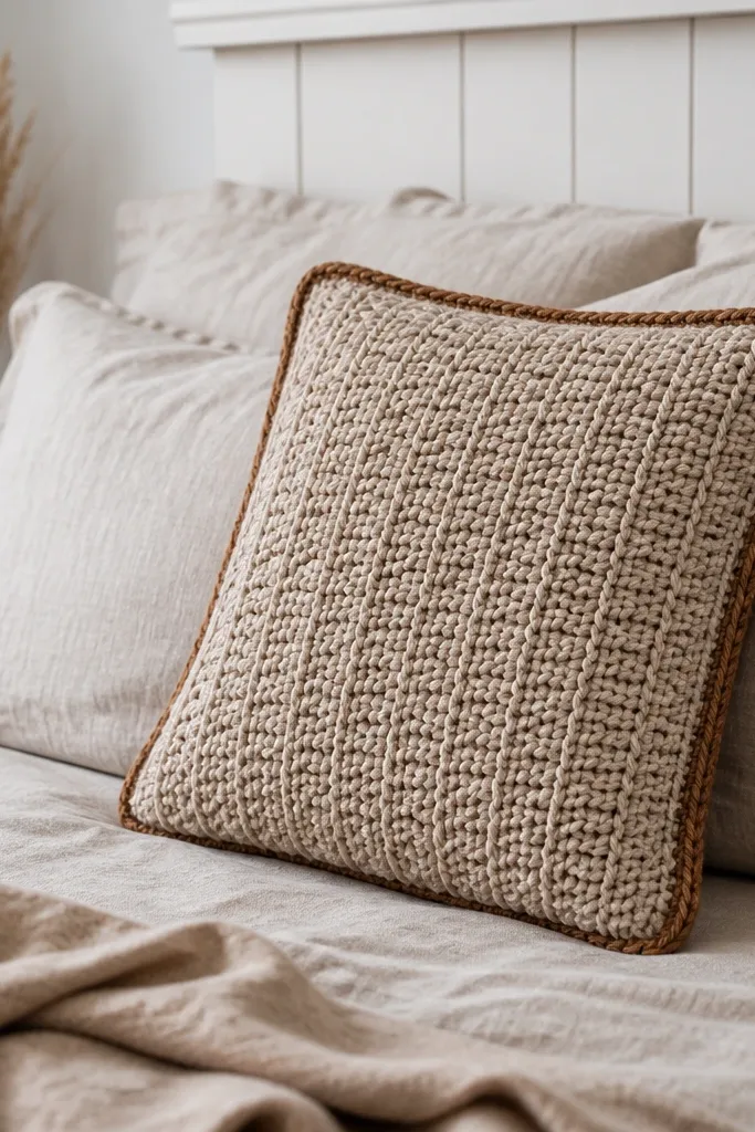 Crochet pillow cover in oatmeal with a contrasting cord-like edge and textured center