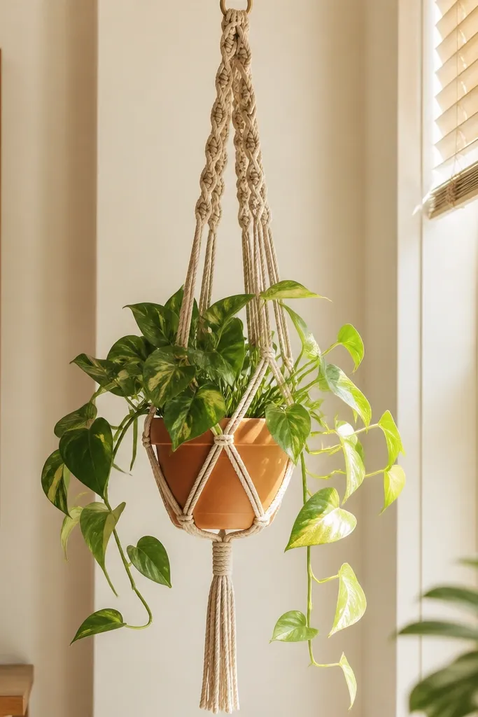 Crochet plant hanger with twisted rope-like sections and a warm neutral finish