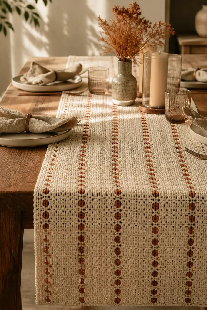 Cream crochet table runner with alternating eyelet stripes and straight edges