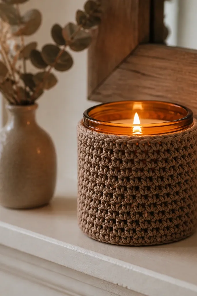 Crochet candle sleeve in warm taupe with a tucked border and open stitch top