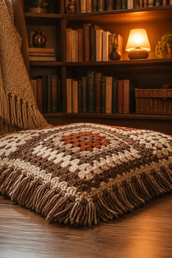 Large granny square floor cushion with warm fringe trim