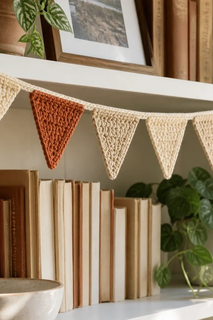 Mini crochet bunting triangles strung on a garland for a shelf