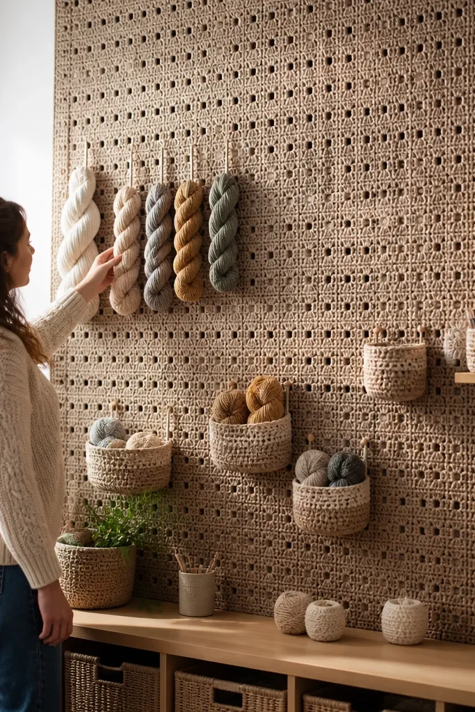 Crochet wall cover draped over a board with evenly spaced hooks and yarn texture
