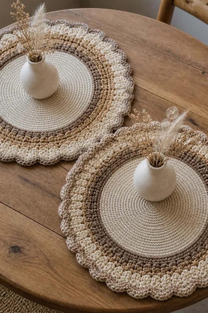 Set of round crochet mats with a raised textured ring around the edge