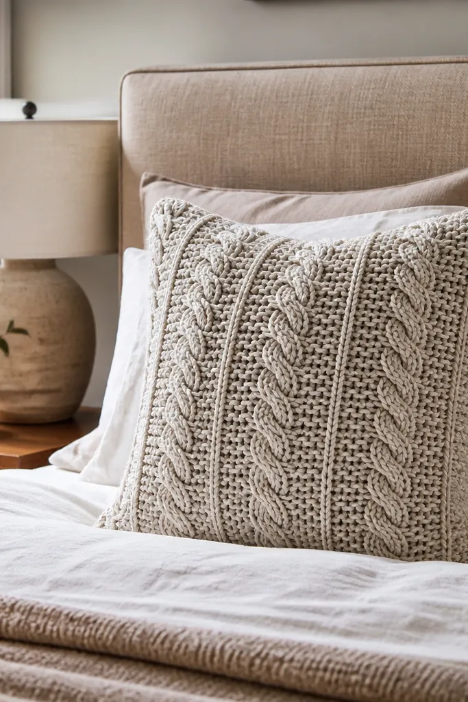 Bed pillow cover with cable-like crochet panels in warm cream