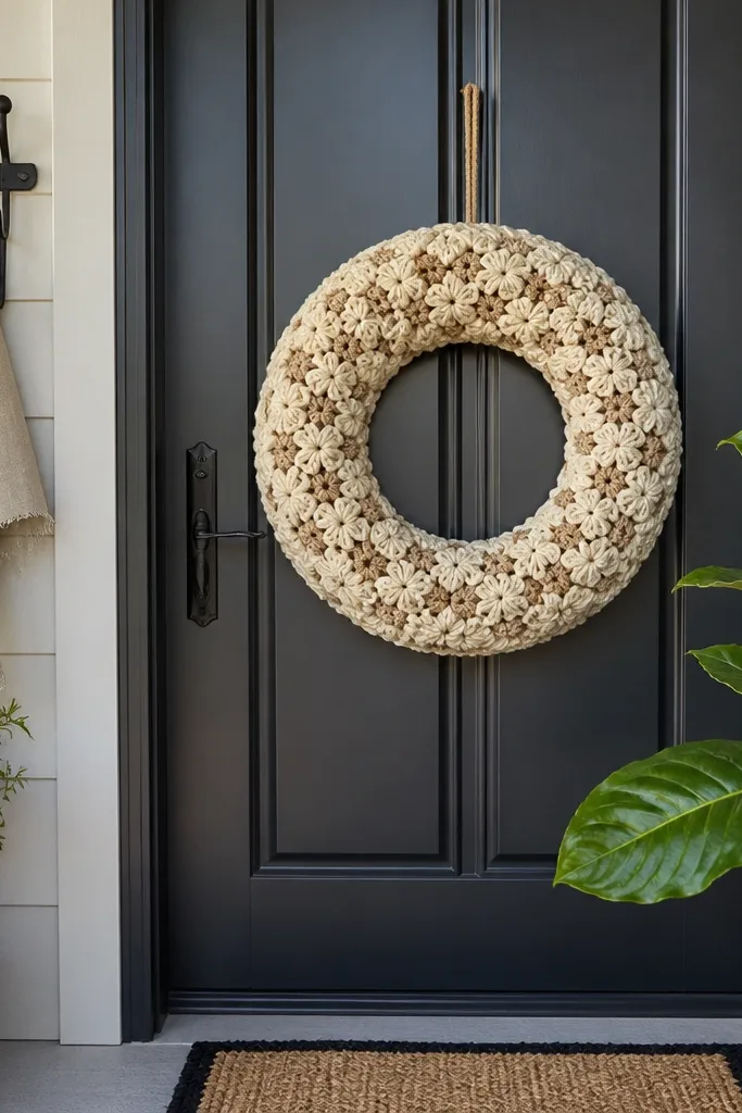 Crochet wreath on a firm ring with warm yarn tufts and a simple hanging loop