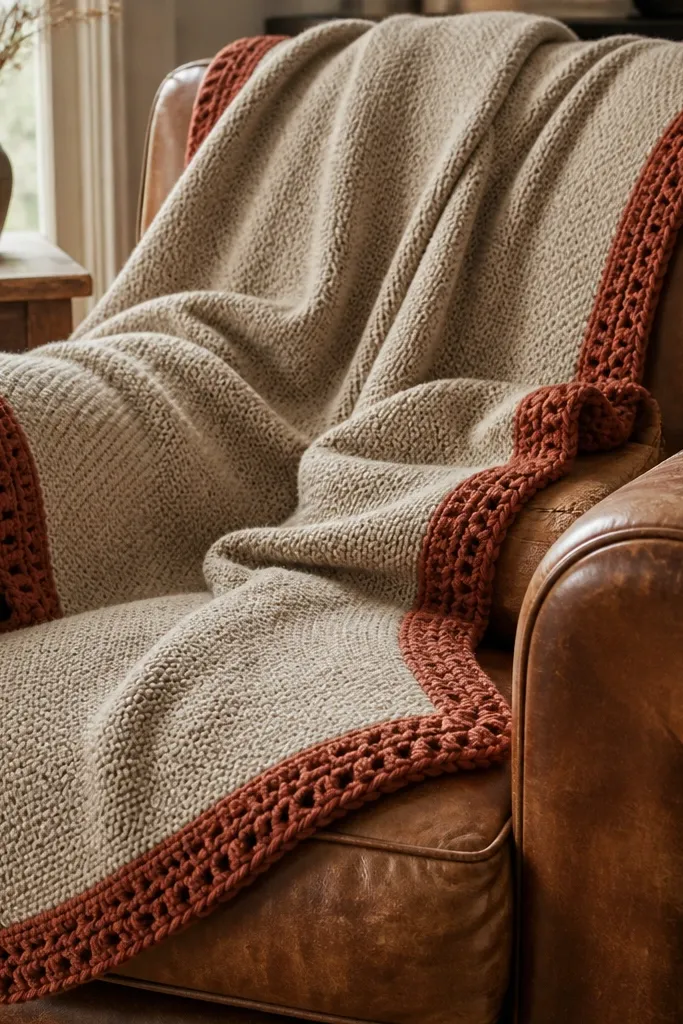 Warm throw blanket with a crocheted moss-stitch border and tidy corners