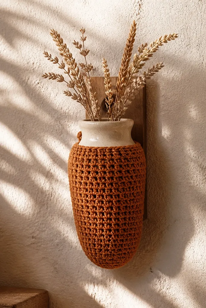 Small wall-mounted crochet cover holding a vase with dried stems and warm yarn texture