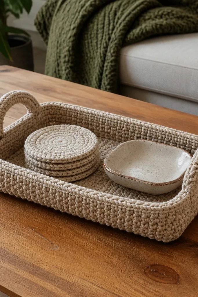 Crochet tray with raised handles and matching coasters in warm neutral yarn