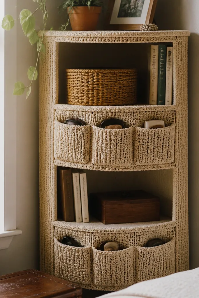 Crochet shelf cover with a pocket front for small items in warm yarn