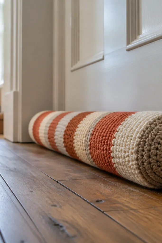 Striped crocheted draft stopper with a rounded top and warm colors
