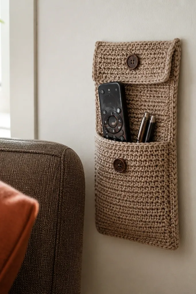 Crochet wall pocket with a flap closure in warm neutral yarn