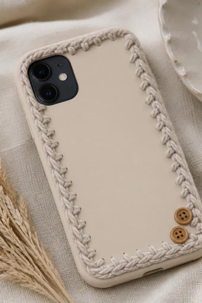 A beige phone case with a stitched-looking cable-knit border made from oatmeal felt. Small caramel-brown button accents sit near the bottom corner, and the center is left clean with a matte finish.