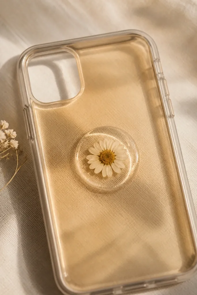 A clear resin-centered phone case with a small pressed daisy in the middle. The resin has a warm honey tint and a smooth glassy dome effect around the flower.