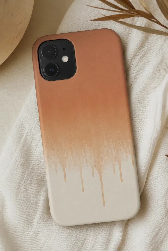 A cream matte phone case with a soft terracotta ombre fading from top to middle, then tiny controlled paint drips near the bottom. The finish is matte with no glossy glare.