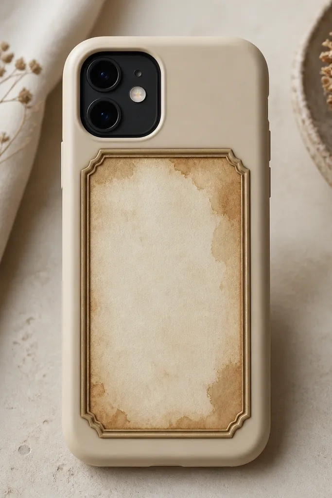 A phone case with a centered framed panel of vintage paper. The paper edges are tea-stained brown, and the frame sits on top of a warm beige case.