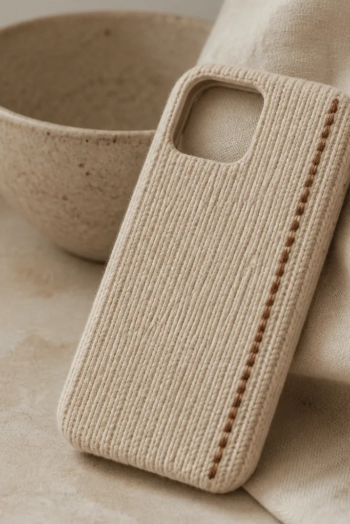 A phone case covered in ribbed knit fabric in oatmeal color, with a faux seam line drawn in warm brown along the side. The knit texture is visible and soft.