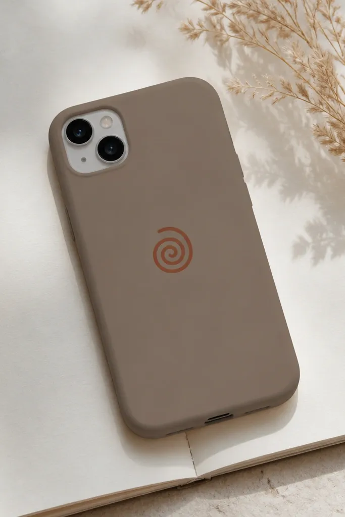 A matte mocha phone case with a single cinnamon-brown swirl graphic near the center, crisp edges, and no visible glue lines.