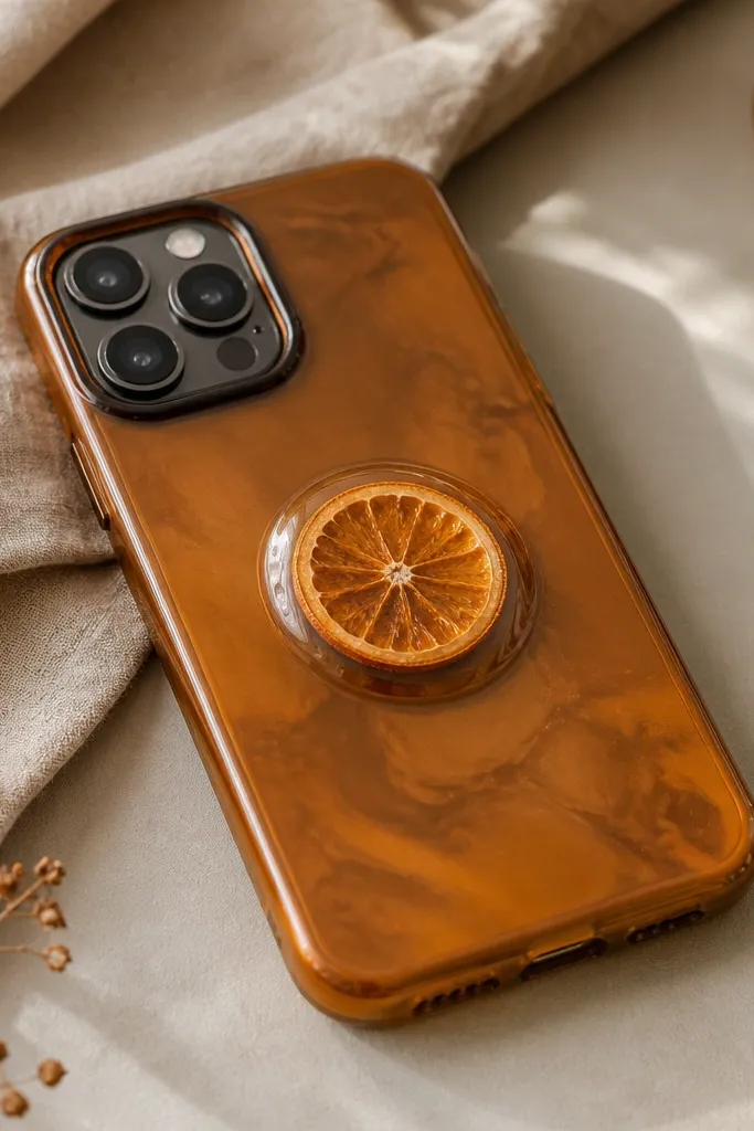 A phone case with a small dried orange slice centered behind a clear glossy dome, with warm amber tones in the surrounding area.