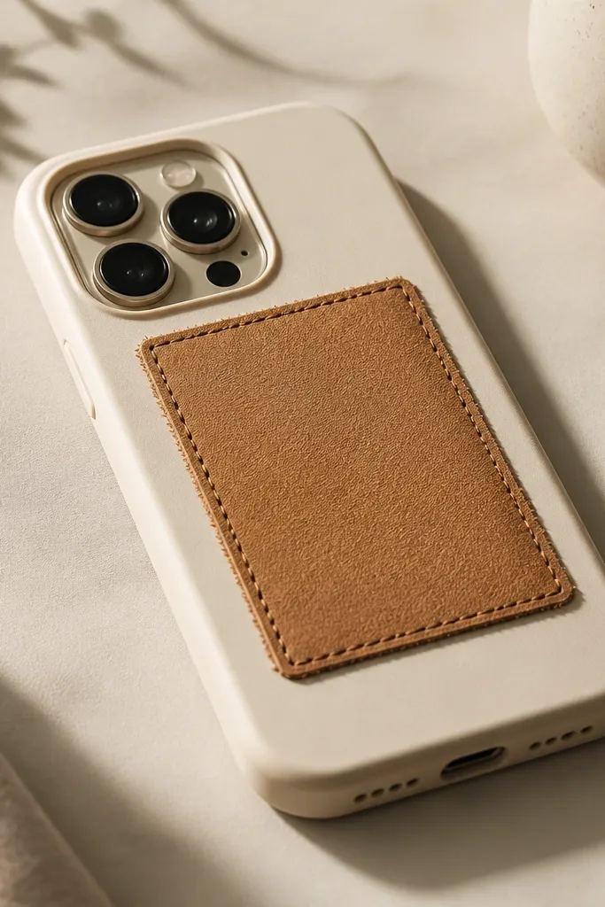 A camel faux leather patch on a phone case, with slightly frayed looking edges and a stitched line drawn around it in dark brown.