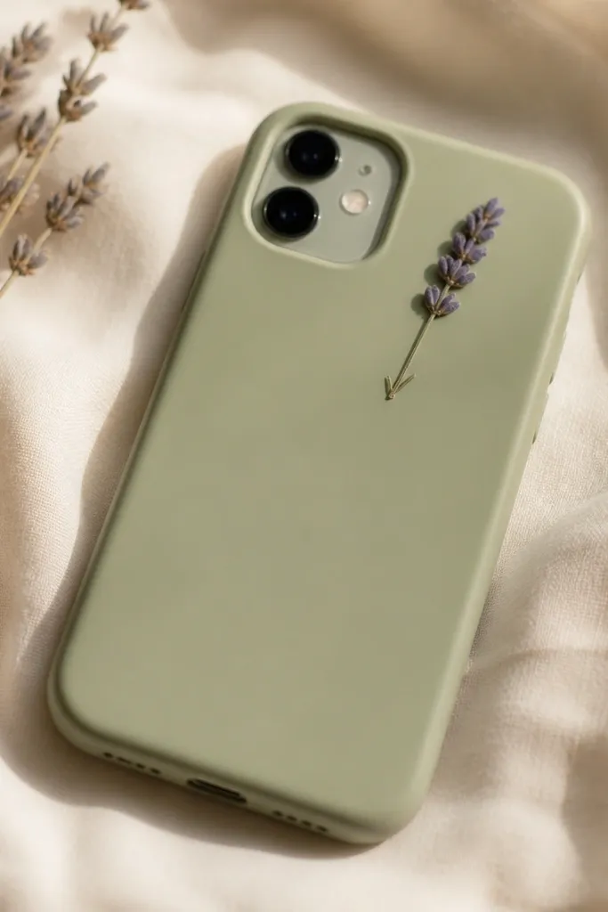 A sage-green matte phone case with a small pressed lavender sprig placed near the top. The sprig looks crisp and slightly raised under a thin clear layer.