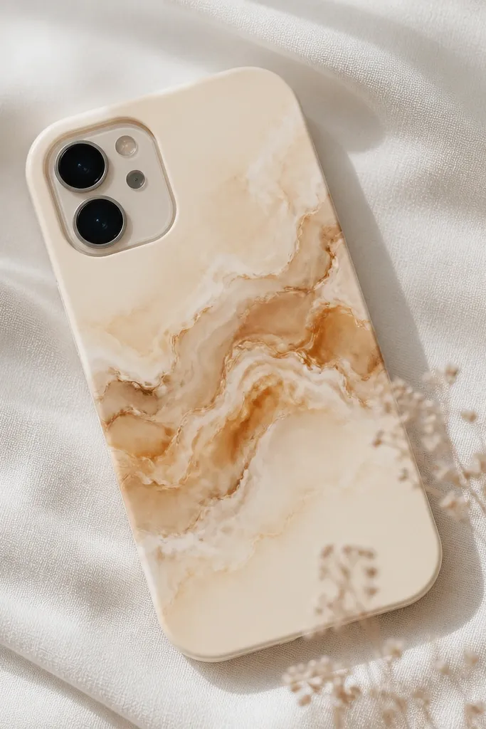 A cream phone case with caramel-brown and warm beige marble swirls across the center. The pattern is soft and cloud-like, not sharp.