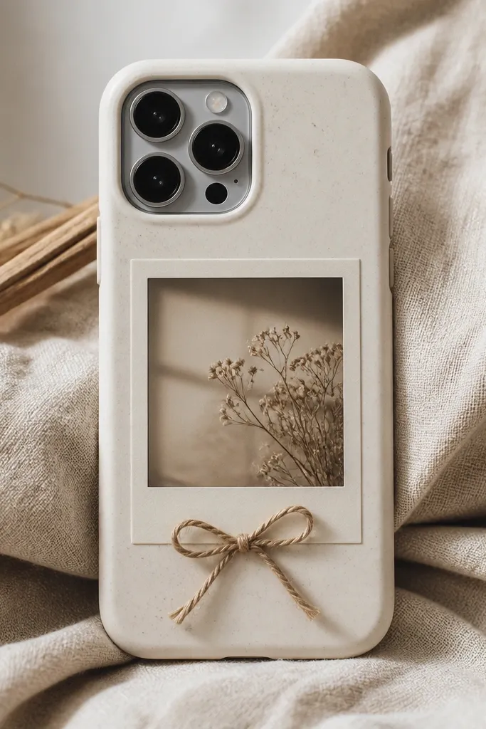 A phone case with a faux polaroid photo frame centered. A tiny twine bow sits at the bottom, and the frame has warm cream and brown tones.